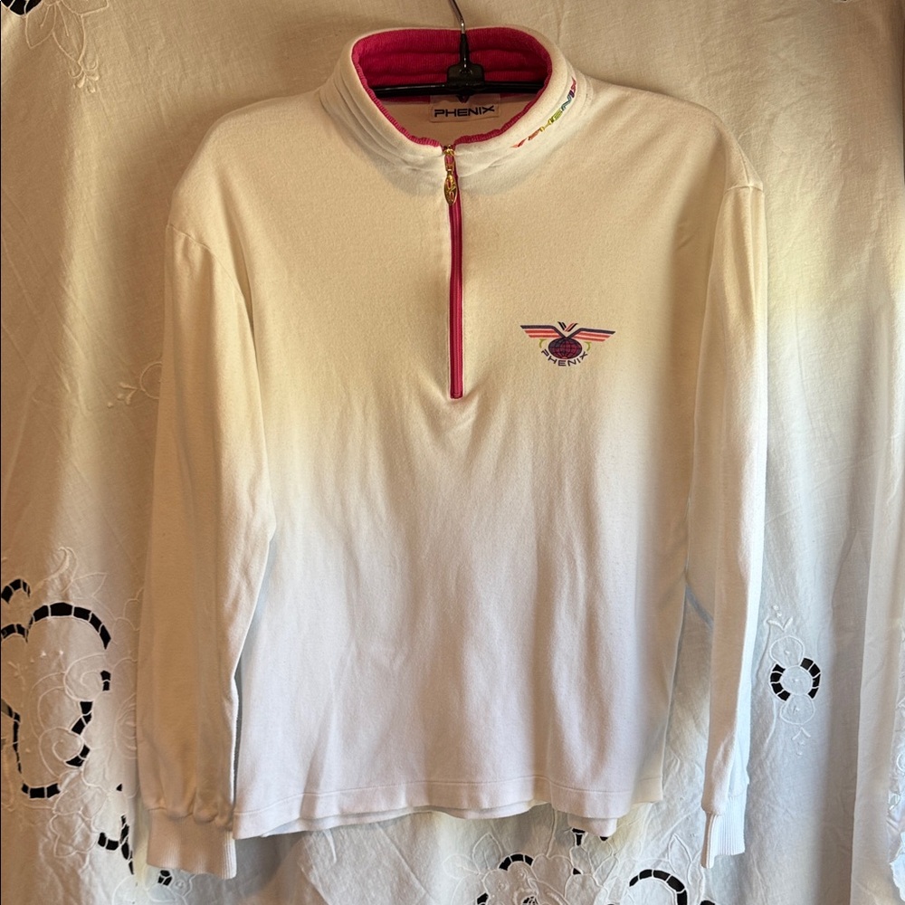 Vintage 90’s Phenix Ski cotton White Half-Zip Pullover with Pink Accents Medium